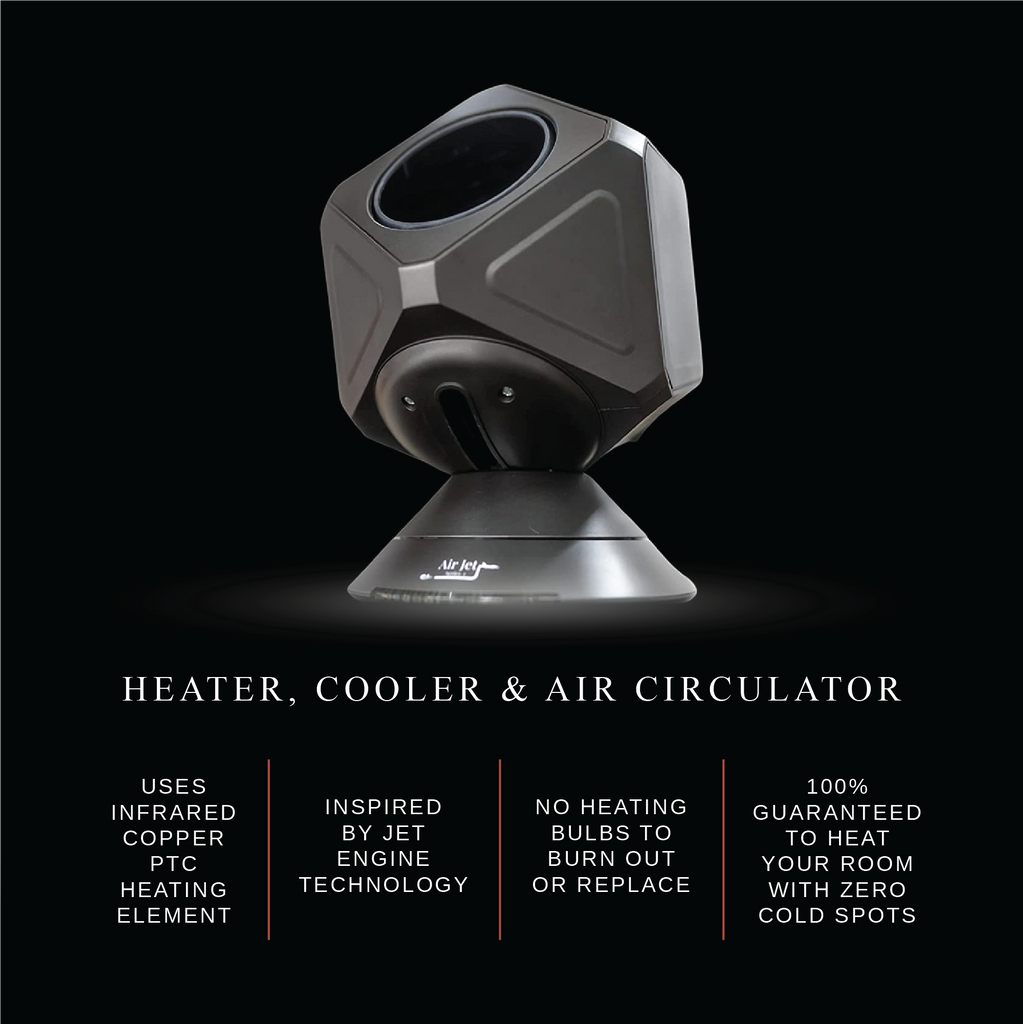 heater and fan combo tilting up with text that reads heater and cooler, air circulator fan